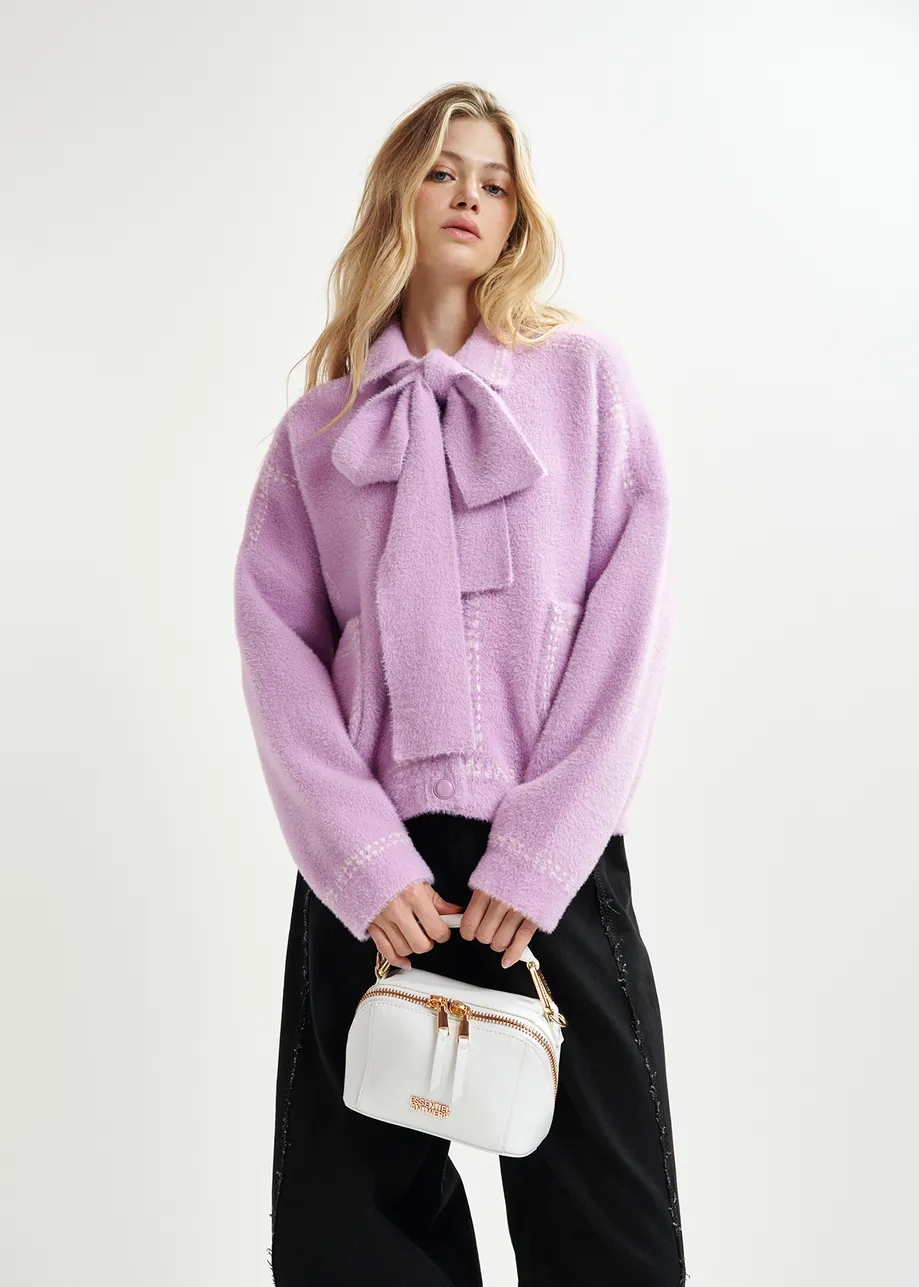 Lilac knit with contrasting stitching and self-fabric scarf