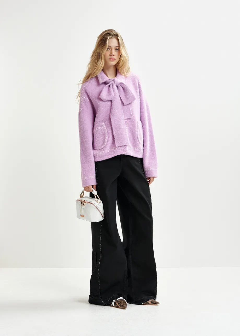 Lilac knit with contrasting stitching and self-fabric scarf