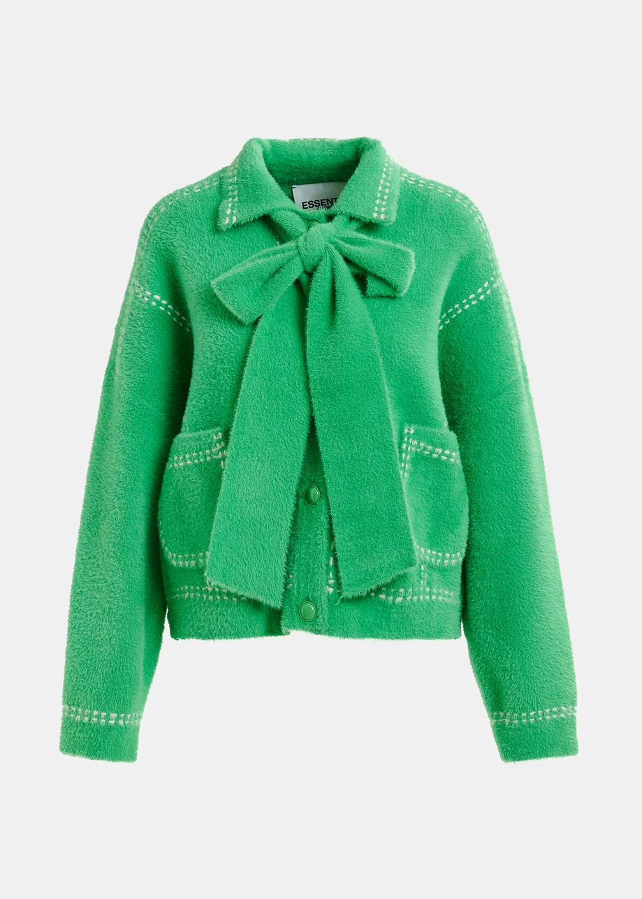 Groene cardigan met contrasterende stiksels en sjaal