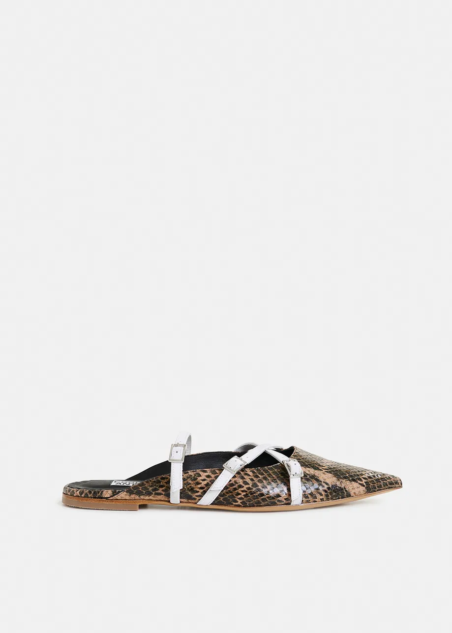 Brown and white snake print slip-on mules