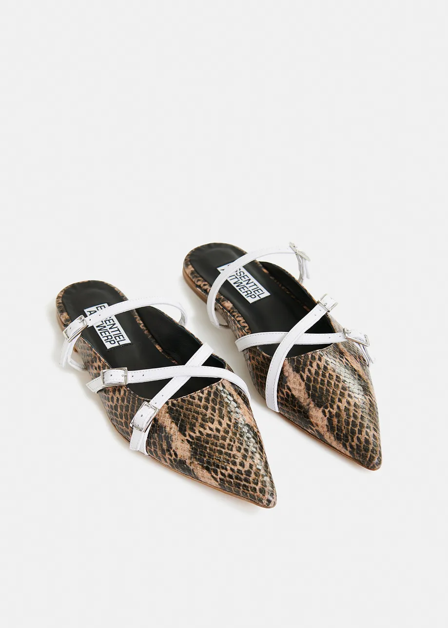 Brown and white snake print slip-on mules