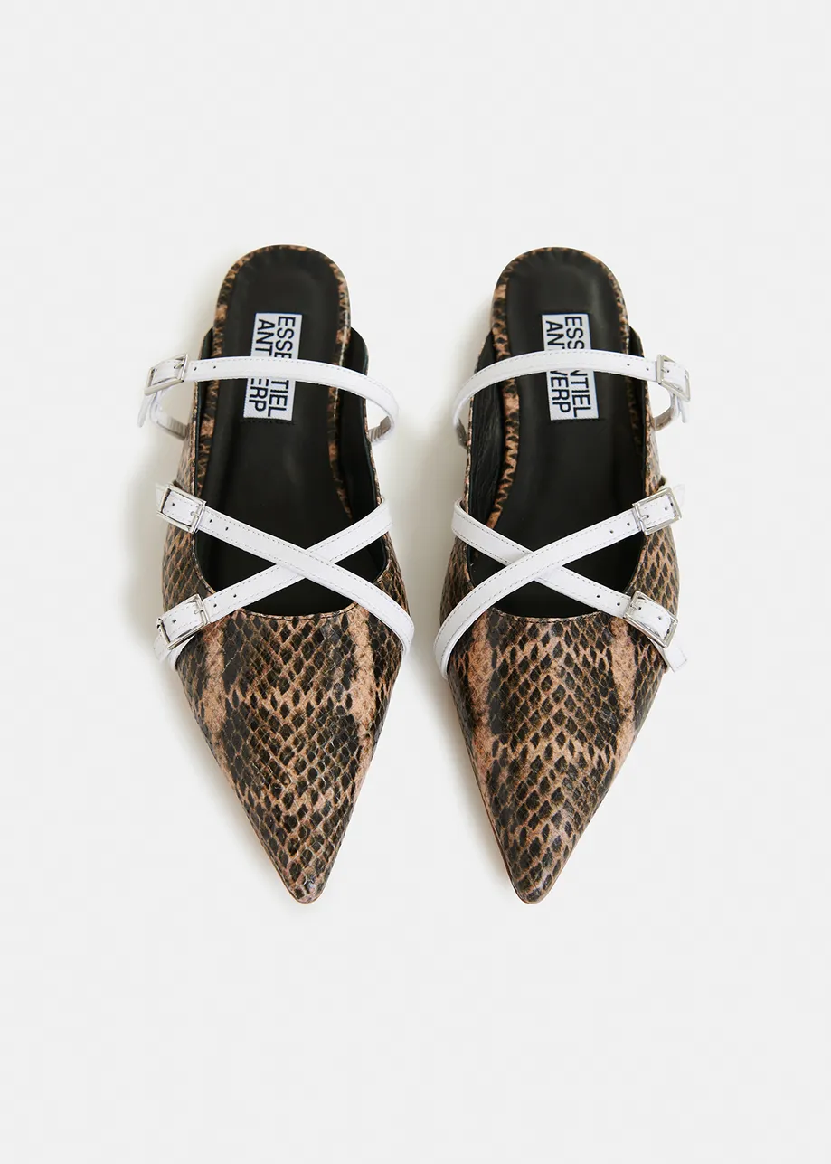 Brown and white snake print slip-on mules