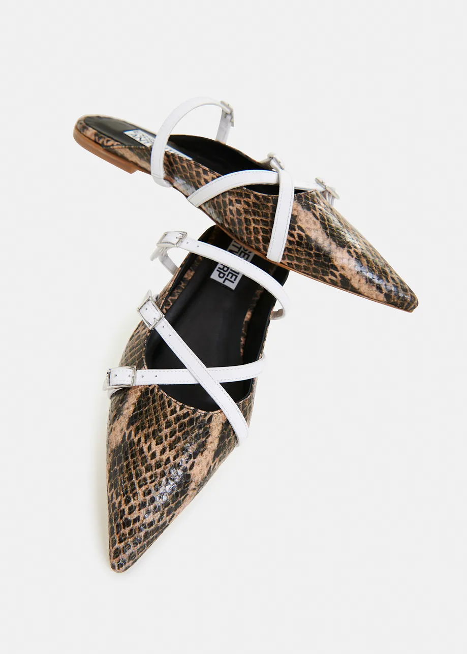 Brown and white snake print slip-on mules