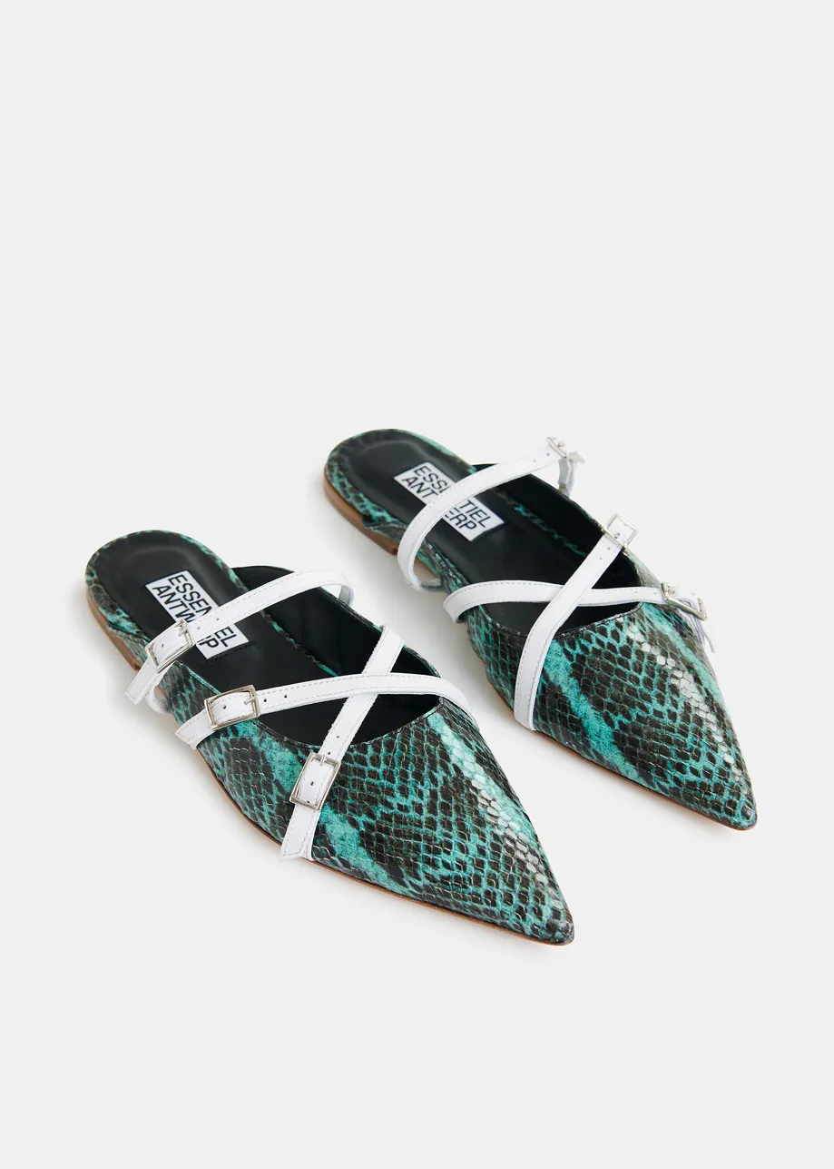 Green and white snake print slip-on mules