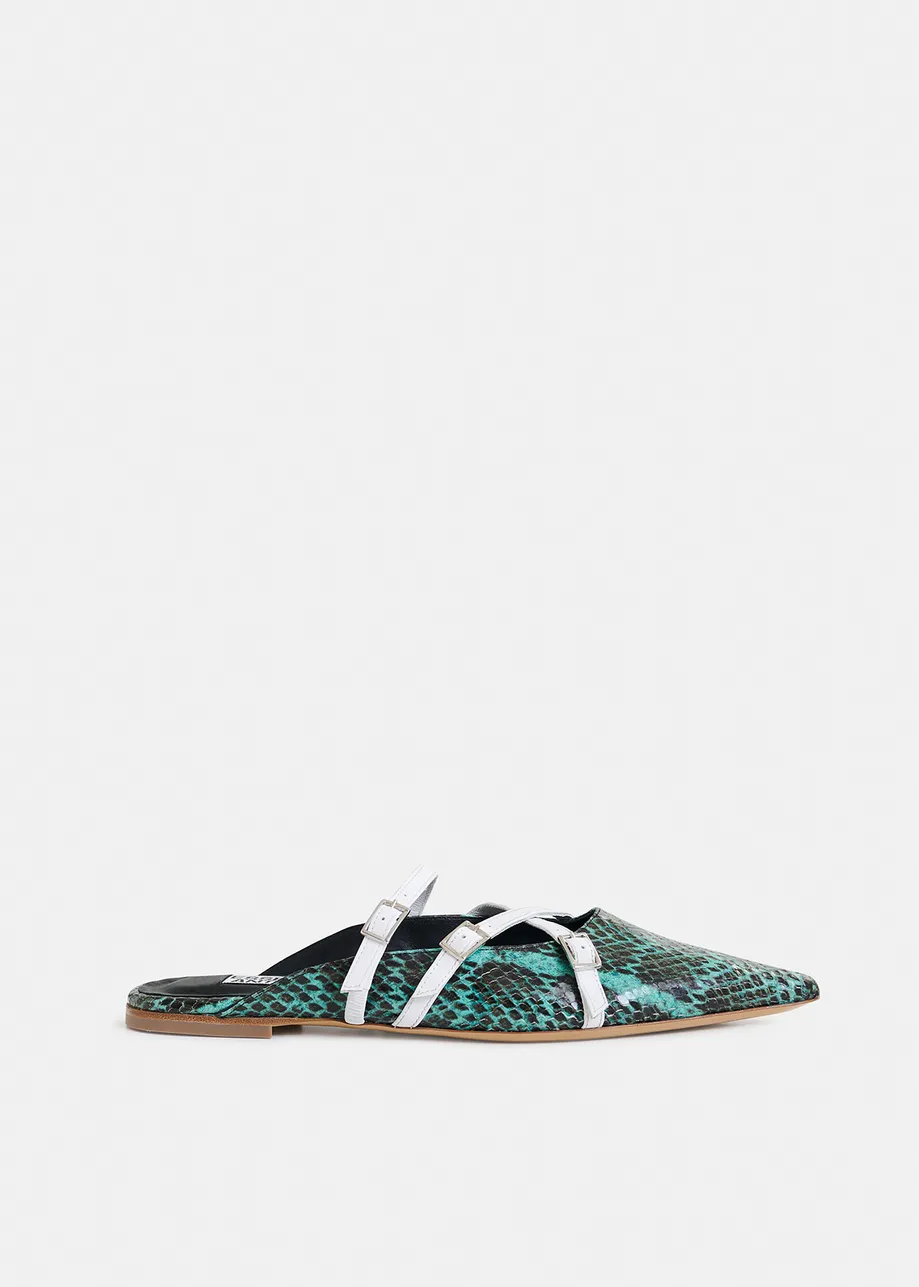 Green and white snake print slip-on mules