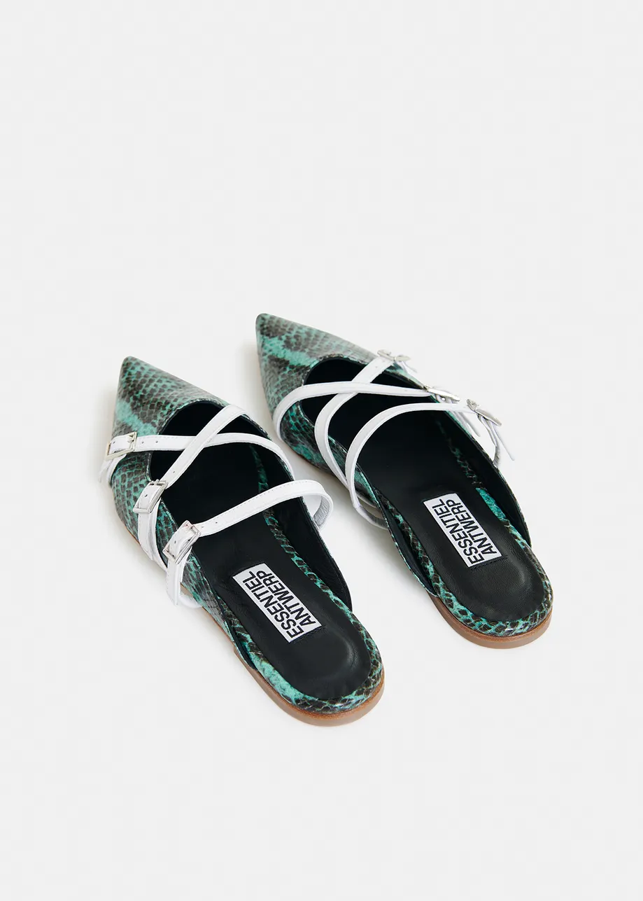 Green and white snake print slip-on mules