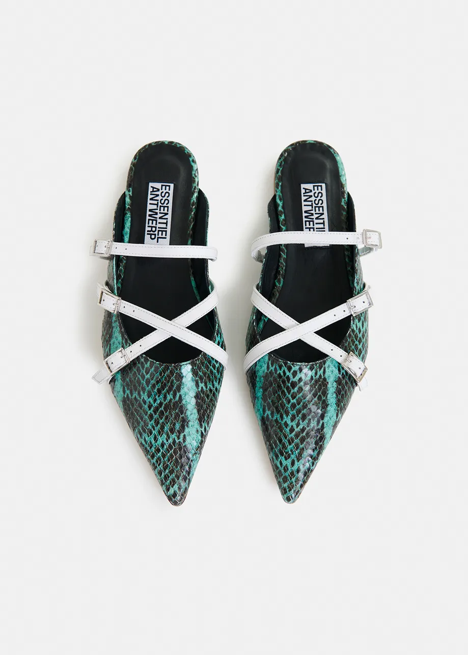 Green and white snake print slip-on mules