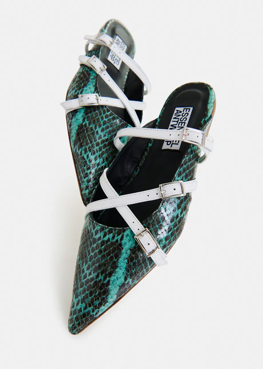 Green and white snake print slip-on mules