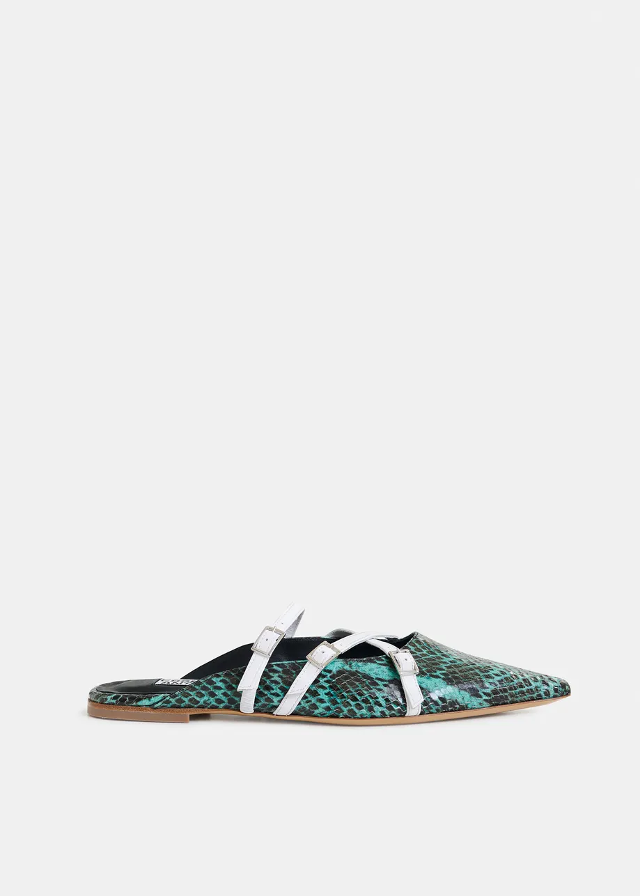 Green and white snake print slip-on mules