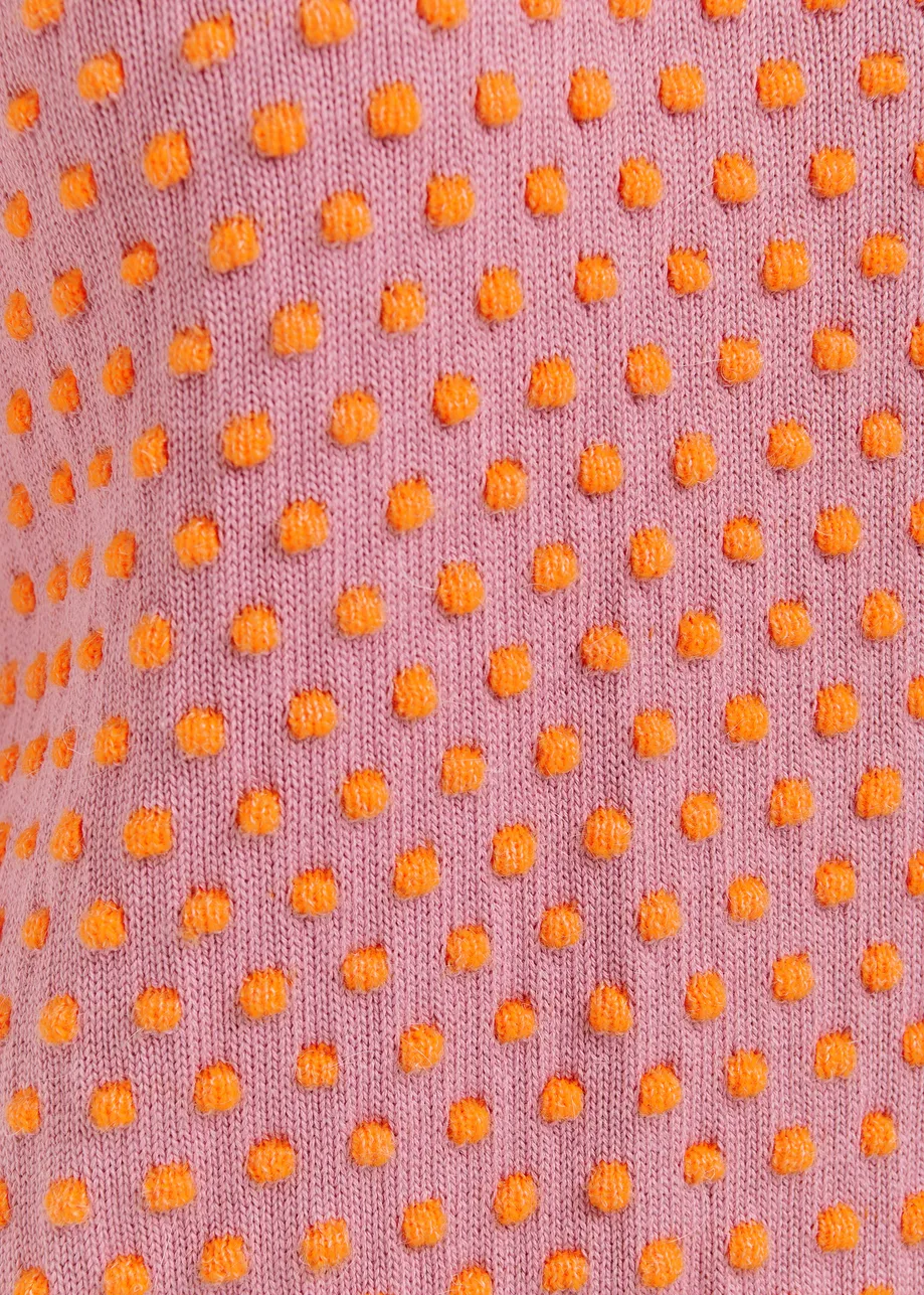 Mauve and orange jacquard knit top with polka dot pattern