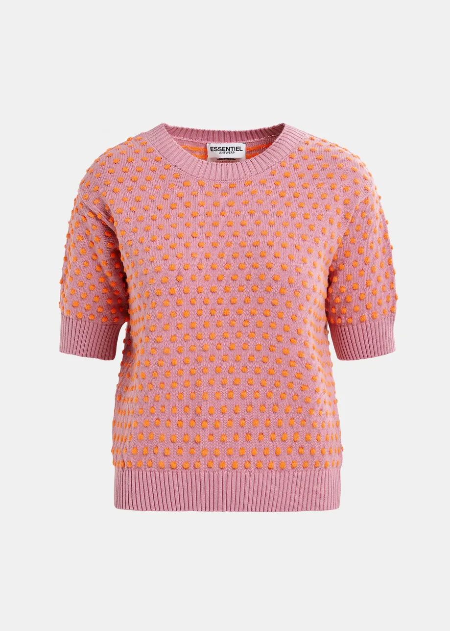 Mauve and orange jacquard knit top with polka dot pattern