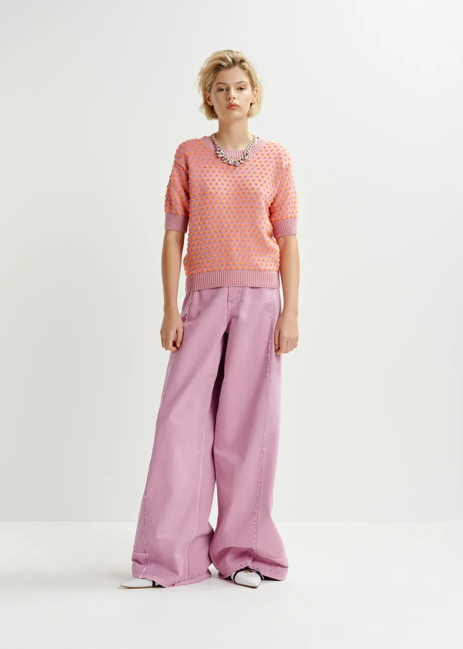 Mauve and orange jacquard knit top with polka dot pattern