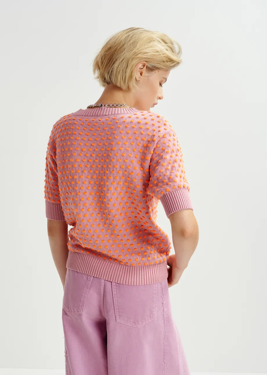 Mauve en oranje jacquard gebreide top met stippenmotief