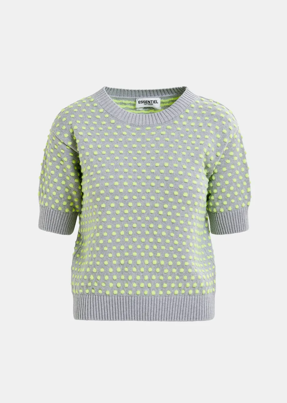 Top in maglia jacquard grigio e giallo con motivo a pois