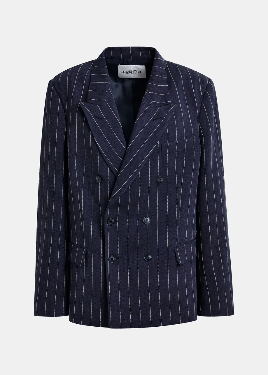 Blazer croisé à fines rayures bleu foncé et blanc