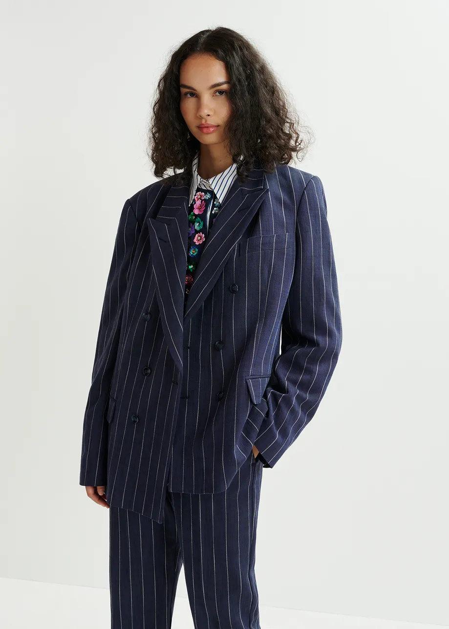 Dark blue and white striped double-breasted blazer