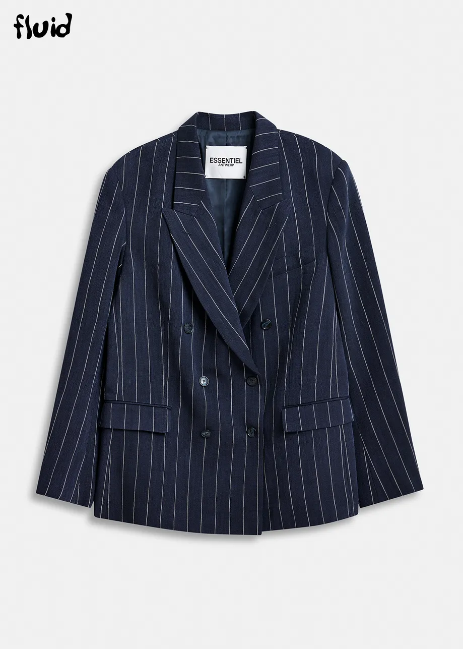 Donkerblauw en wit gestreepte blazer met dubbele knopenrij