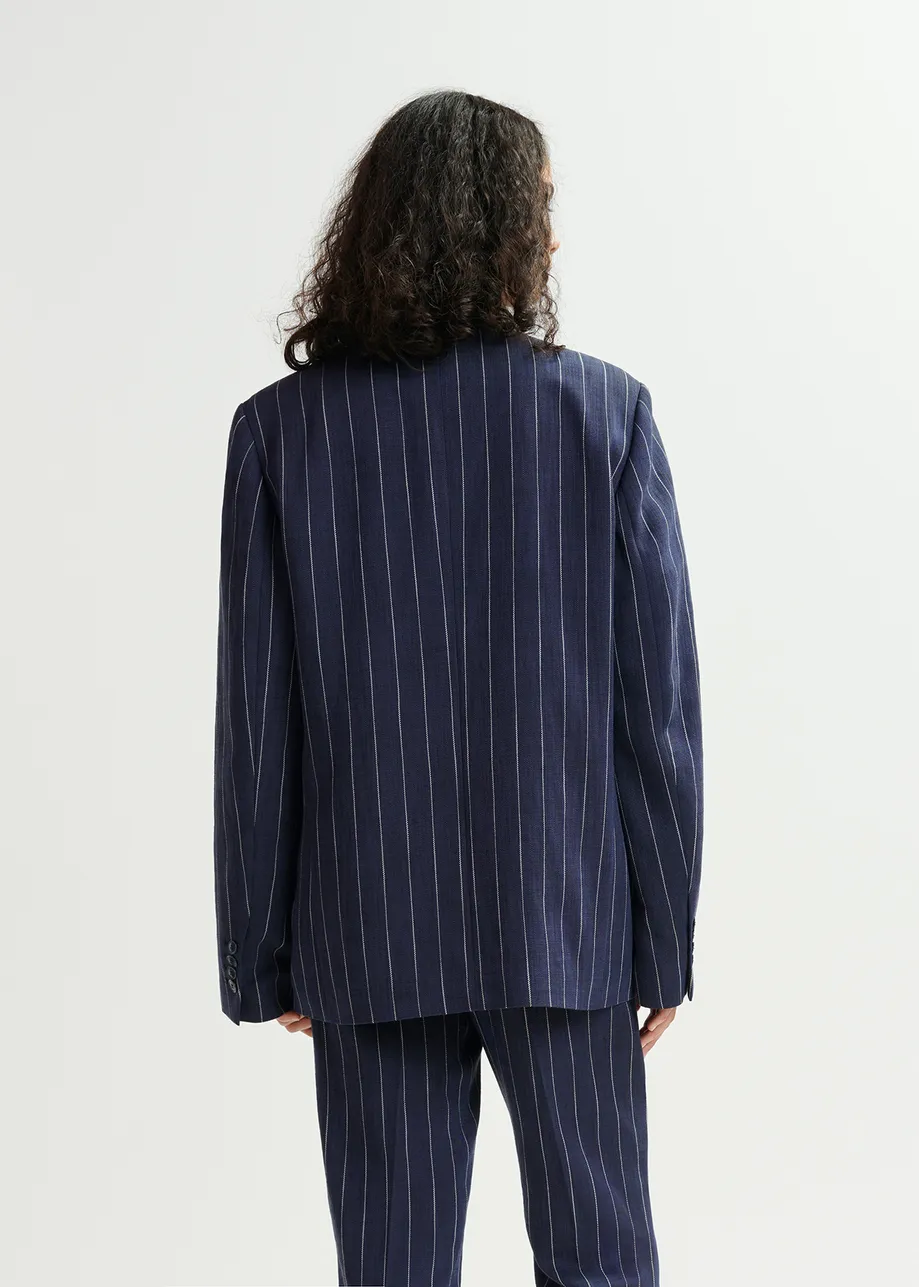 Dark blue and white striped double-breasted blazer