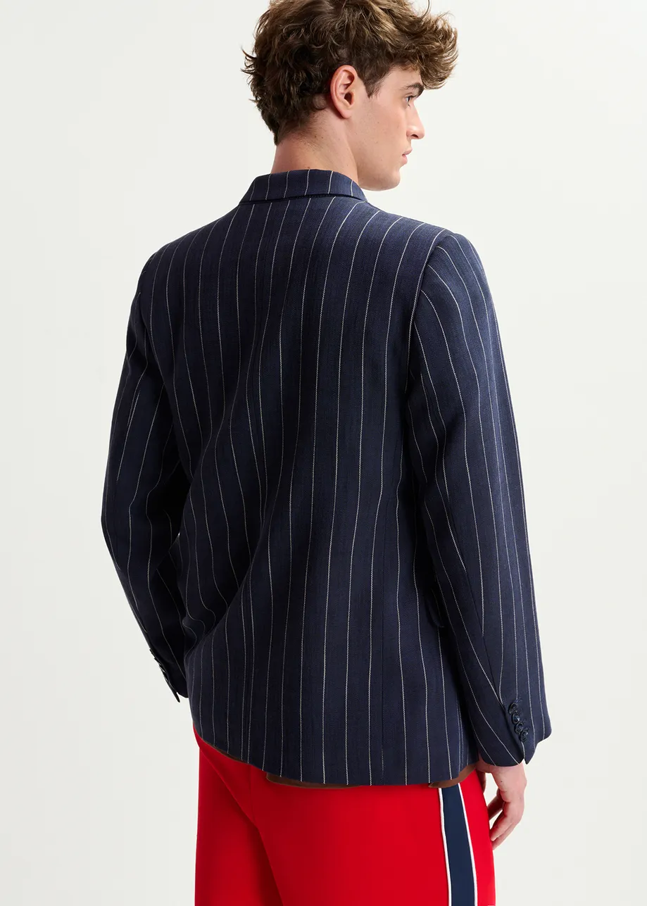 Dark blue and white striped double-breasted blazer