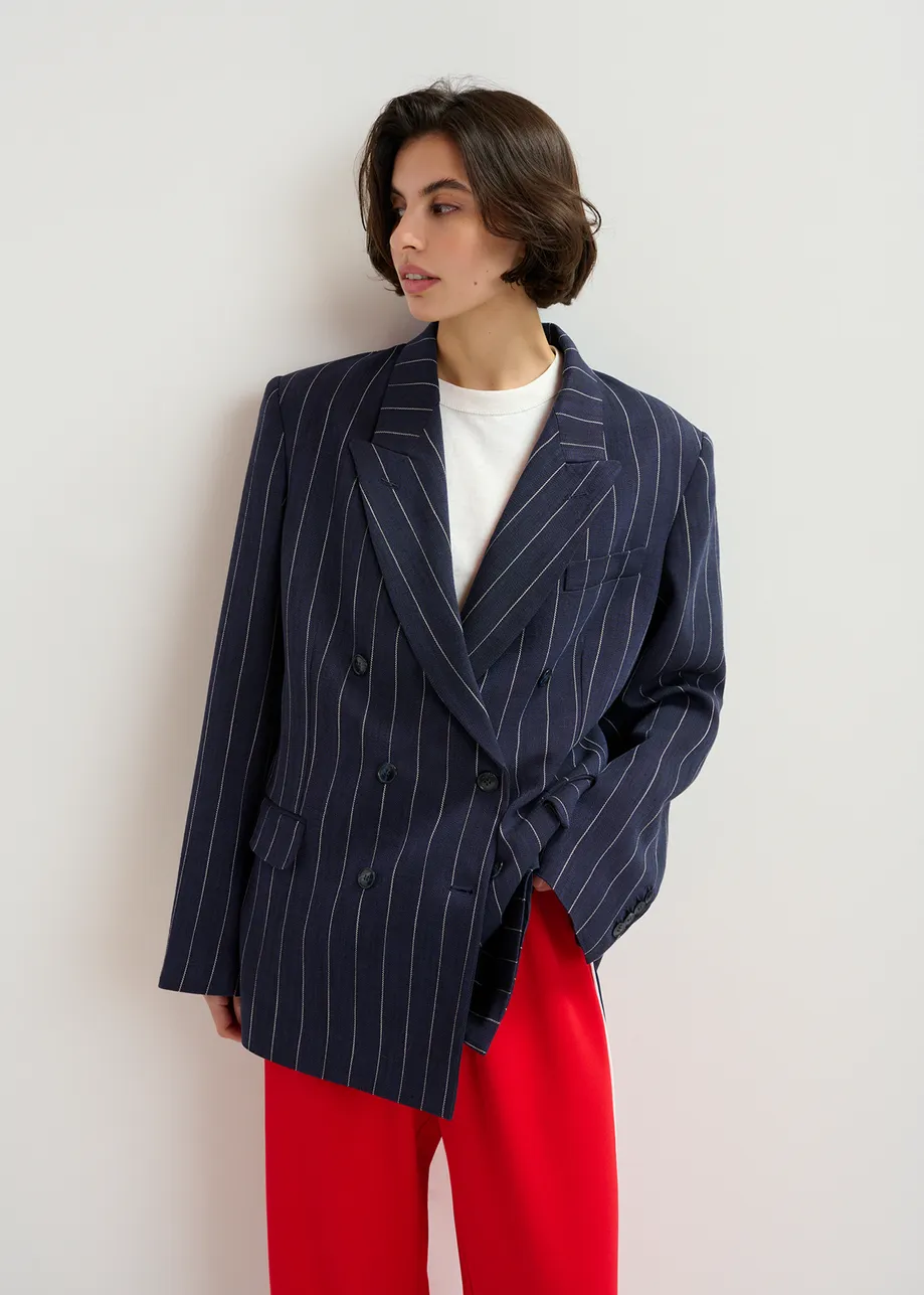 Dark blue and white striped double-breasted blazer