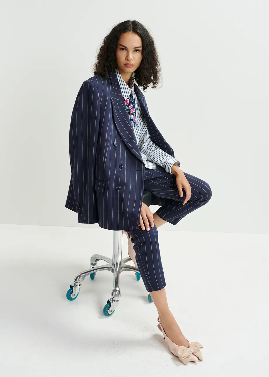 Donkerblauw en wit gestreepte blazer met dubbele knopenrij