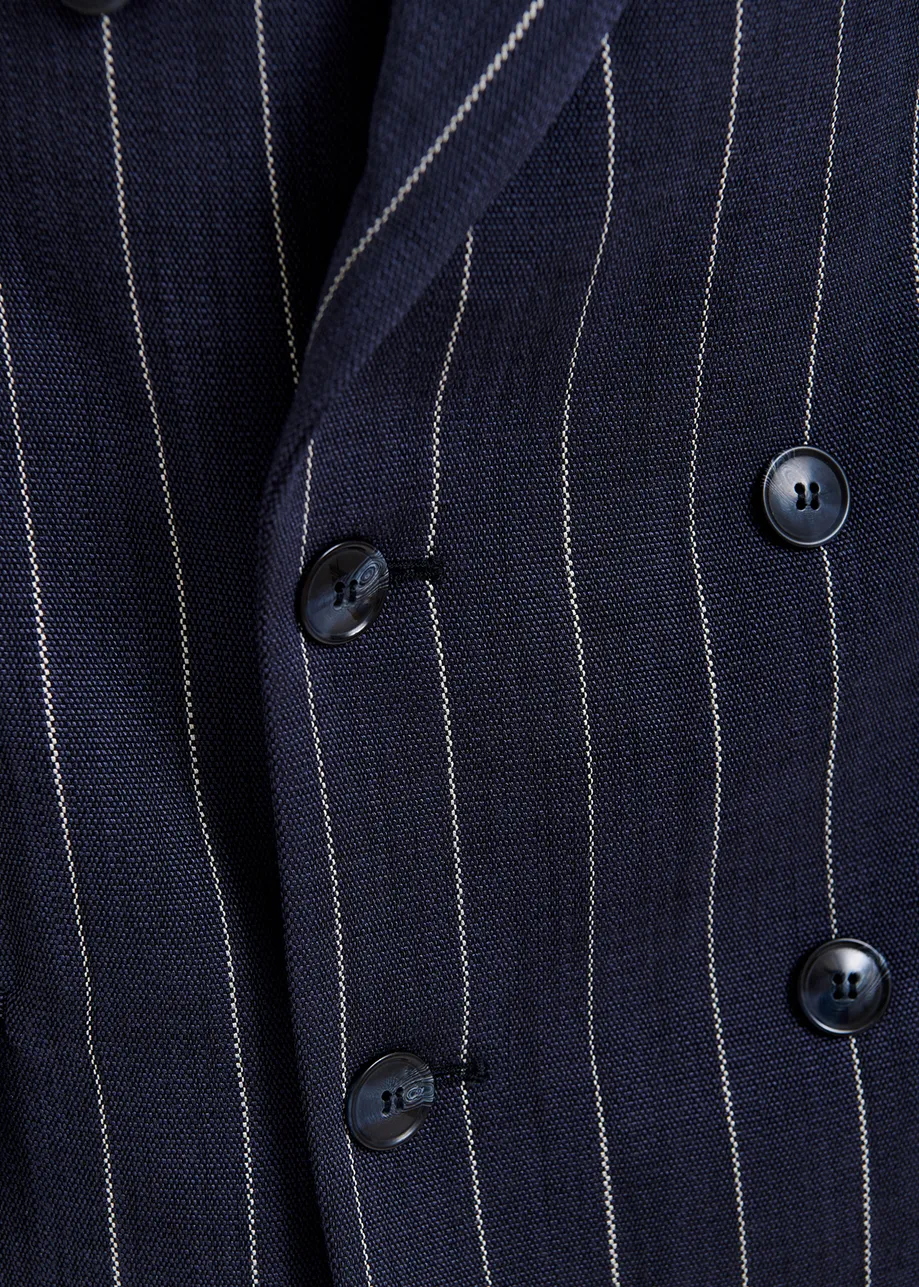 Donkerblauw en wit gestreepte blazer met dubbele knopenrij