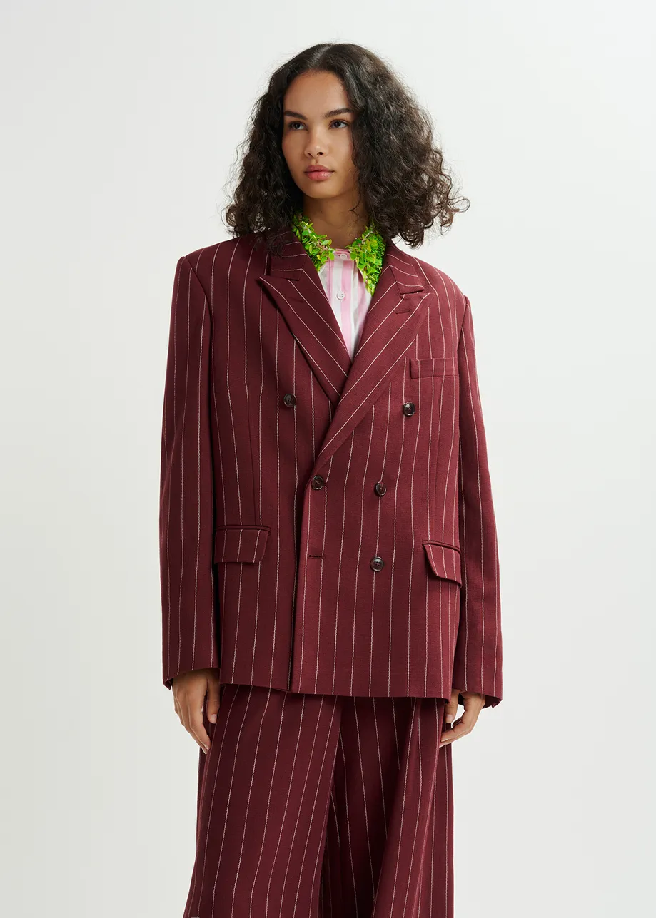 Blazer croisé à fines rayures bordeaux et blanc