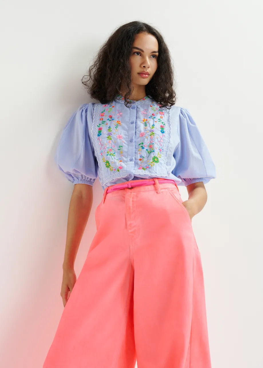 Light blue, green and pink floral embroidered shirt with mandarin collar