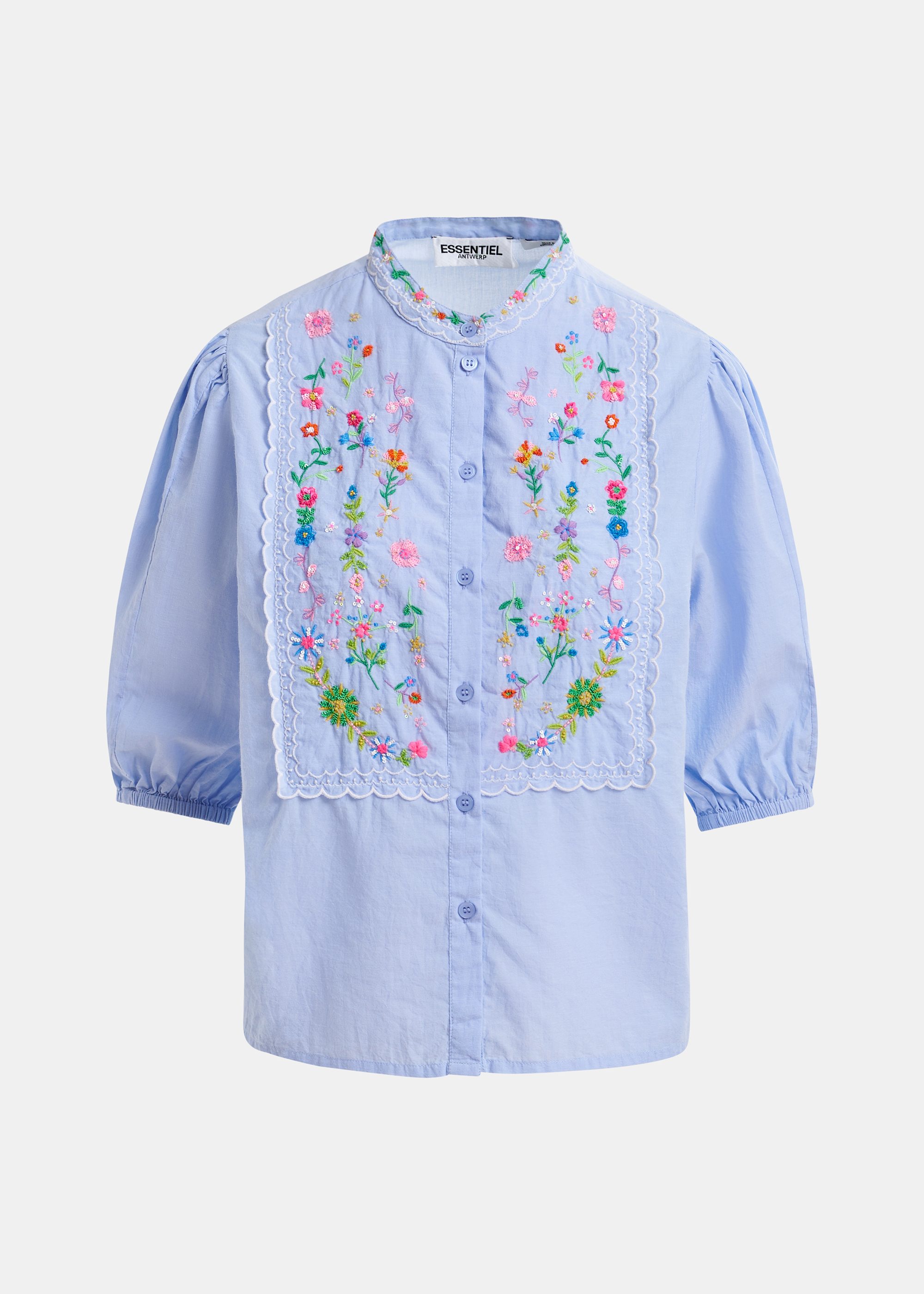 Light blue, green and pink floral embroidered shirt with mandarin collar