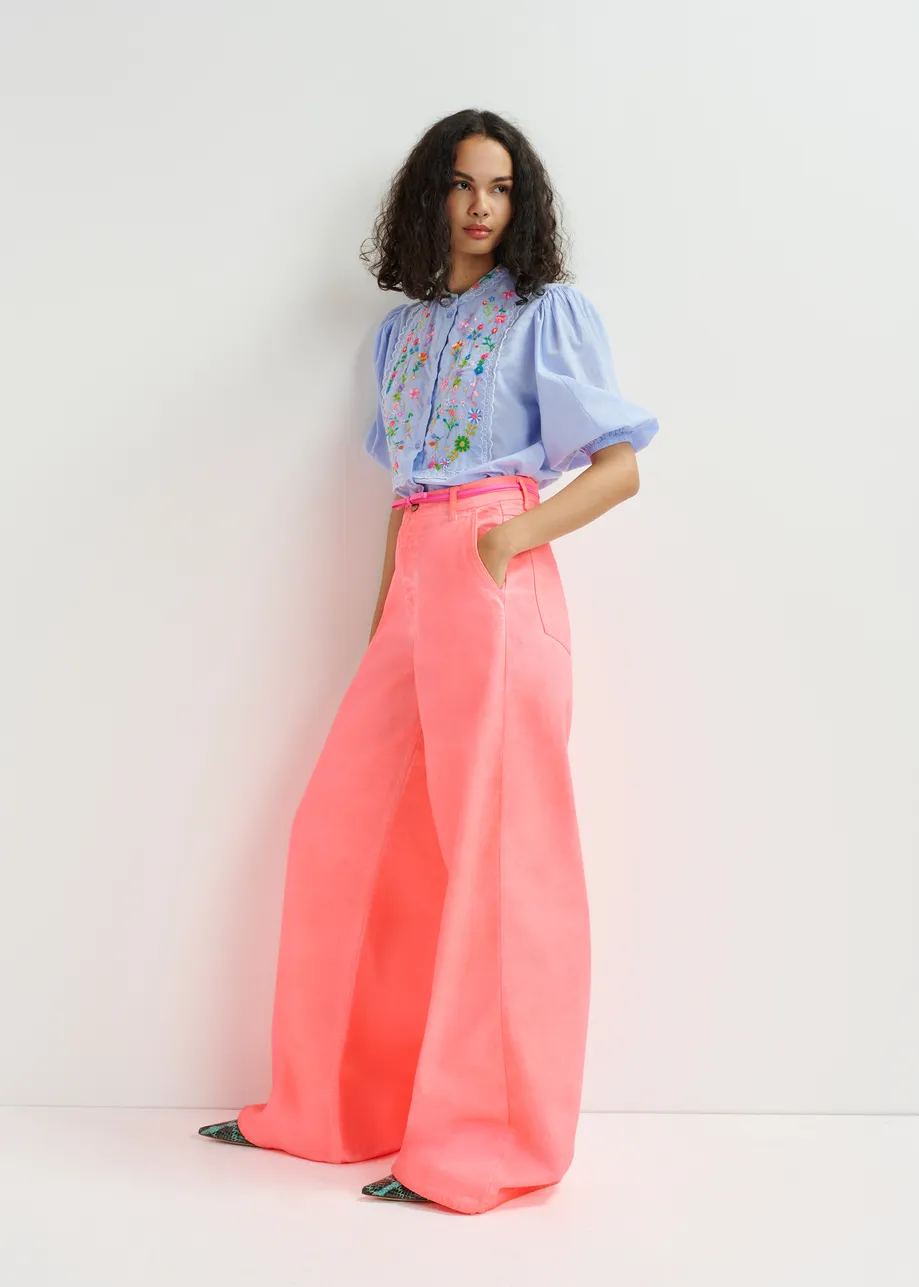 Light blue, green and pink floral embroidered shirt with mandarin collar