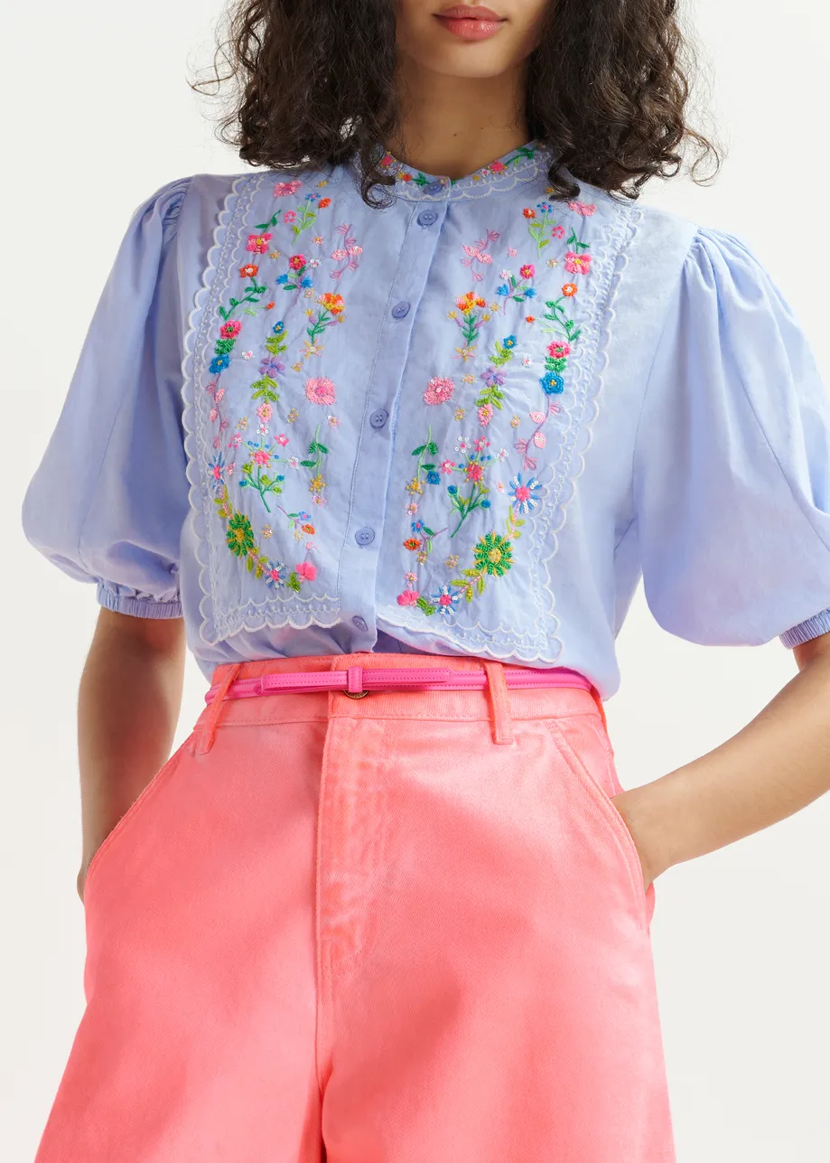 Light blue, green and pink floral embroidered shirt with mandarin collar