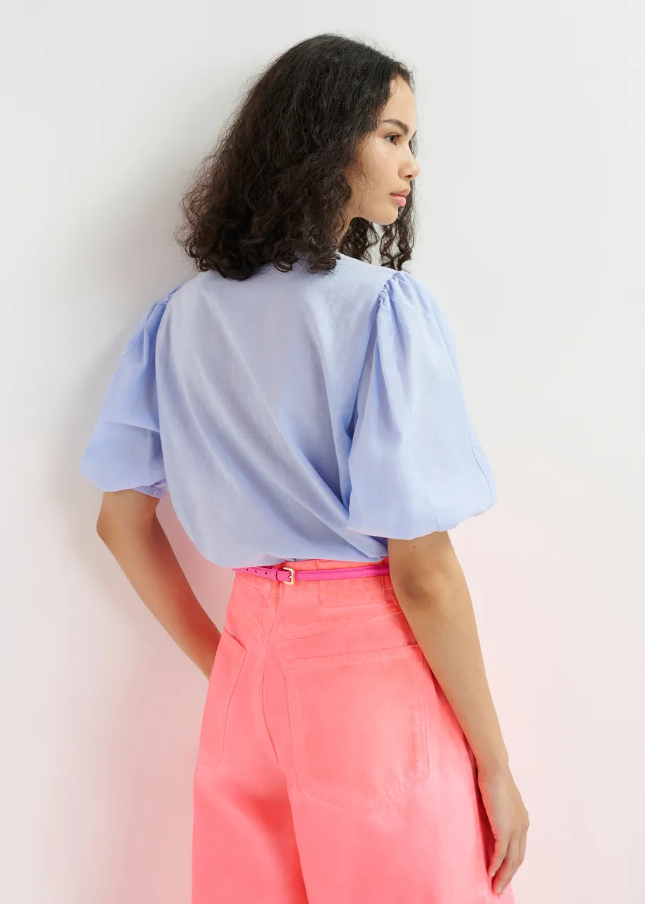 Light blue, green and pink floral embroidered shirt with mandarin collar