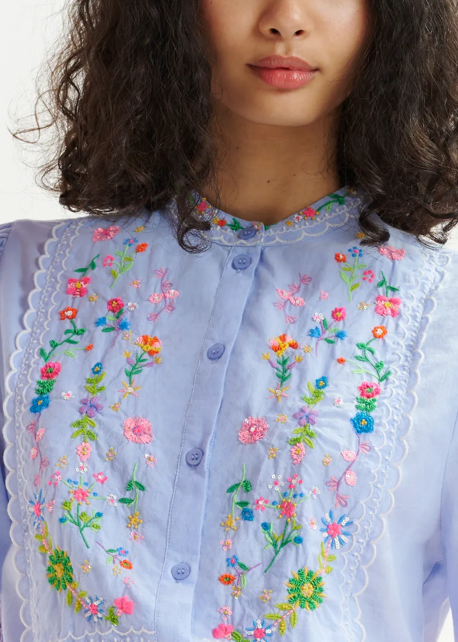 Light blue, green and pink floral embroidered shirt with mandarin collar