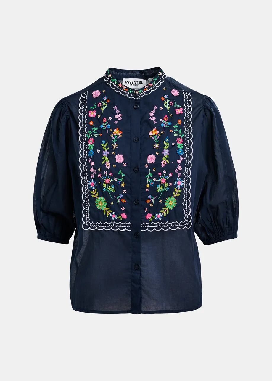 Camicia floreale ricamata blu, verde e rosa con colletto alla coreana