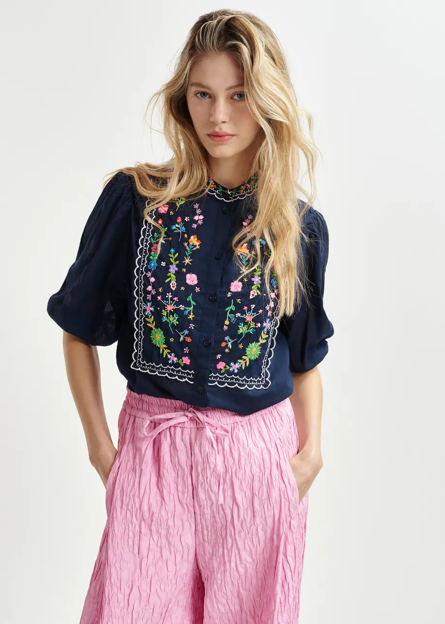 Dark blue, green and pink floral embroidered shirt with mandarin collar