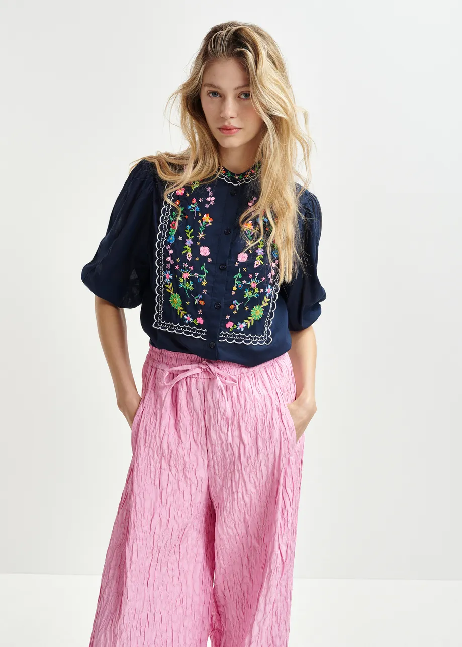 Dark blue, green and pink floral embroidered shirt with mandarin collar