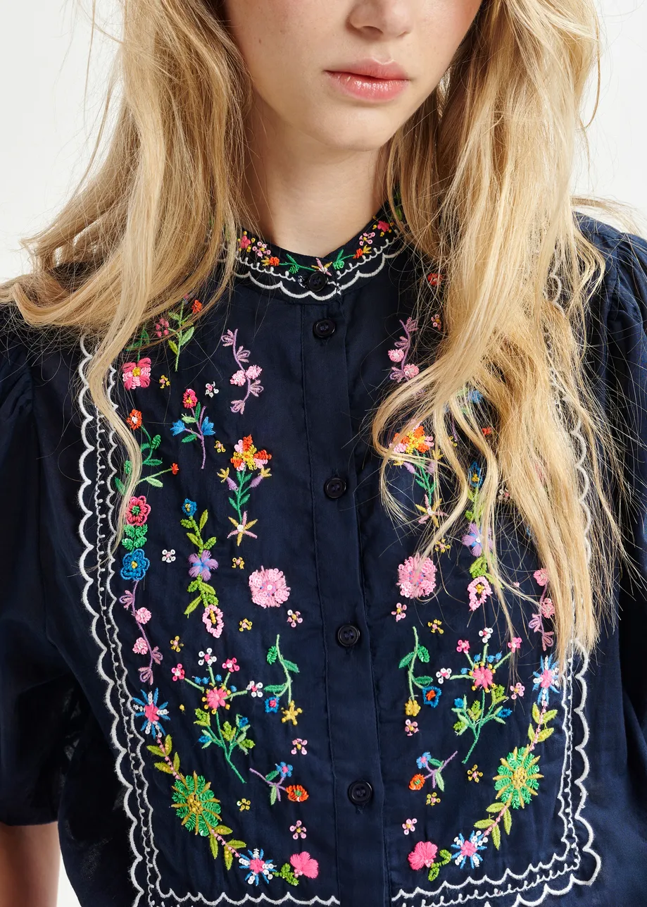 Dark blue, green and pink floral embroidered shirt with mandarin collar