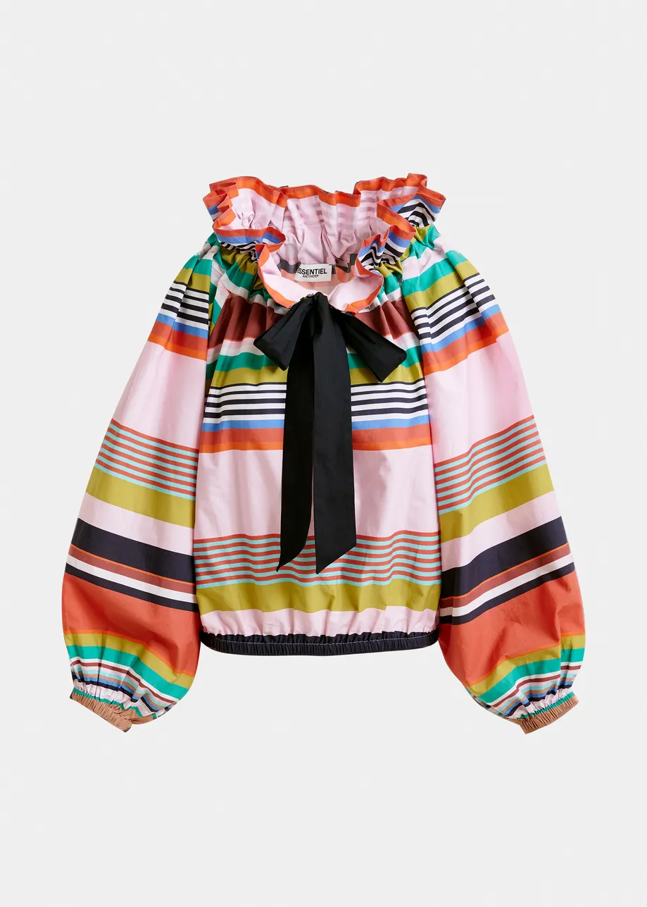 Multicolor cotton striped top with ruffle details, voluminous sleeves, and self-tie collar