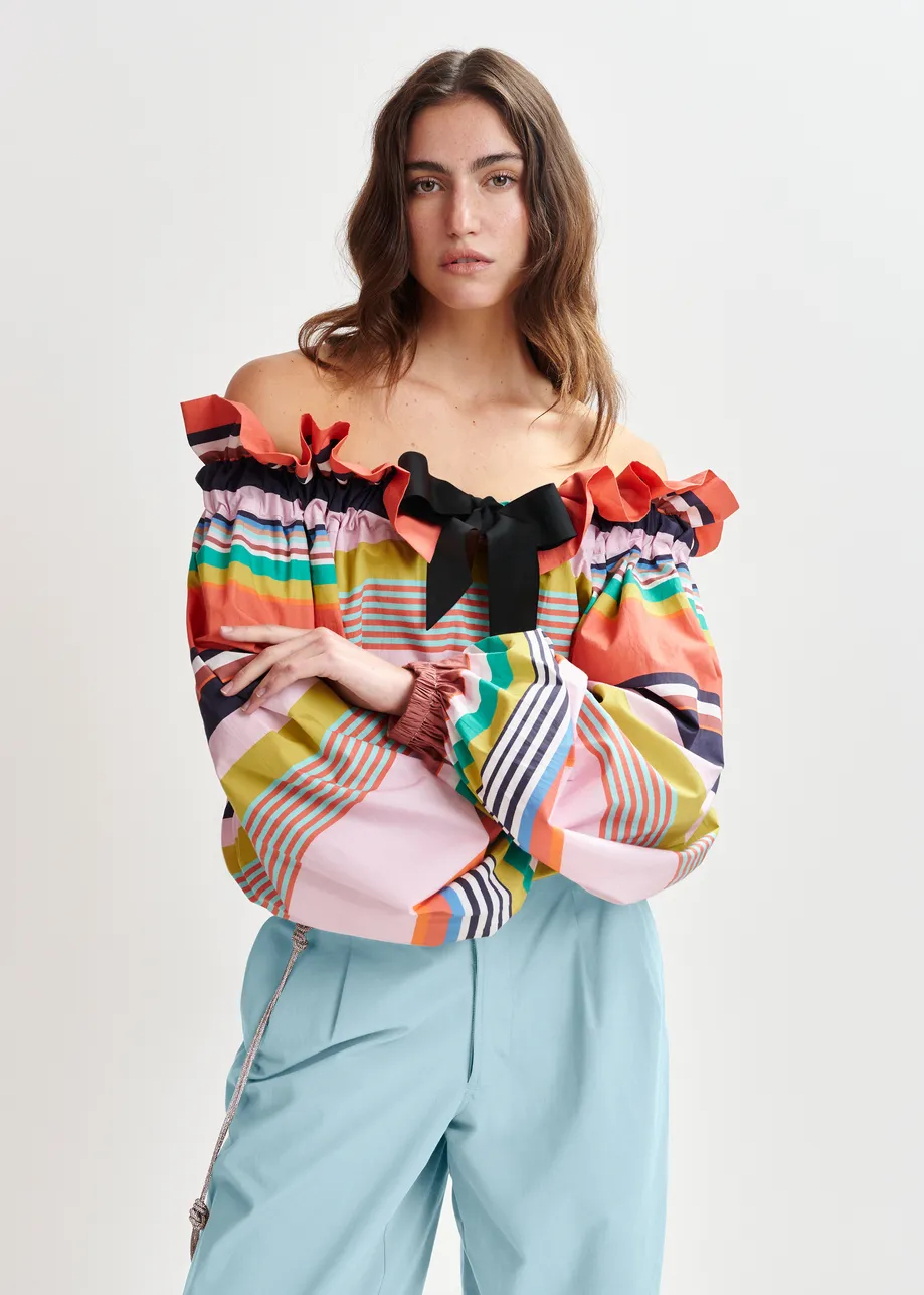 Multicolor cotton striped top with ruffle details, voluminous sleeves, and self-tie collar