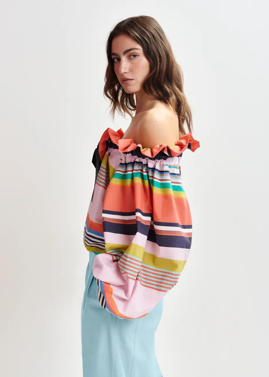 Multicolor cotton striped top with ruffle details, voluminous sleeves, and self-tie collar