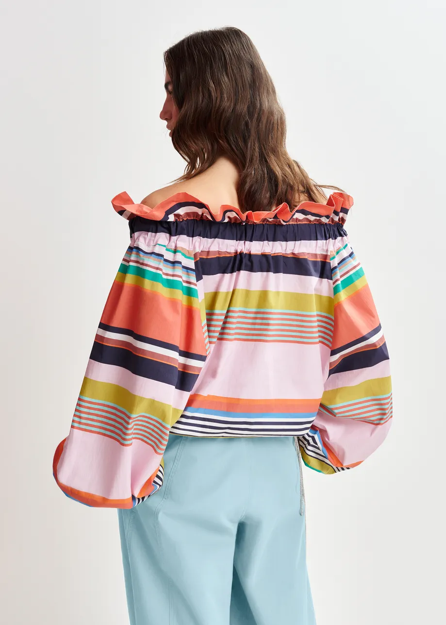 Multicolor cotton striped top with ruffle details, voluminous sleeves, and self-tie collar