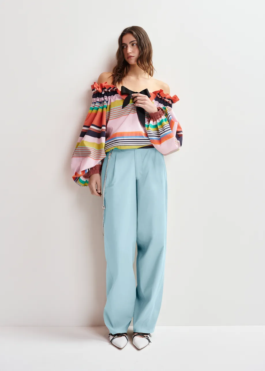 Multicolor cotton striped top with ruffle details, voluminous sleeves, and self-tie collar