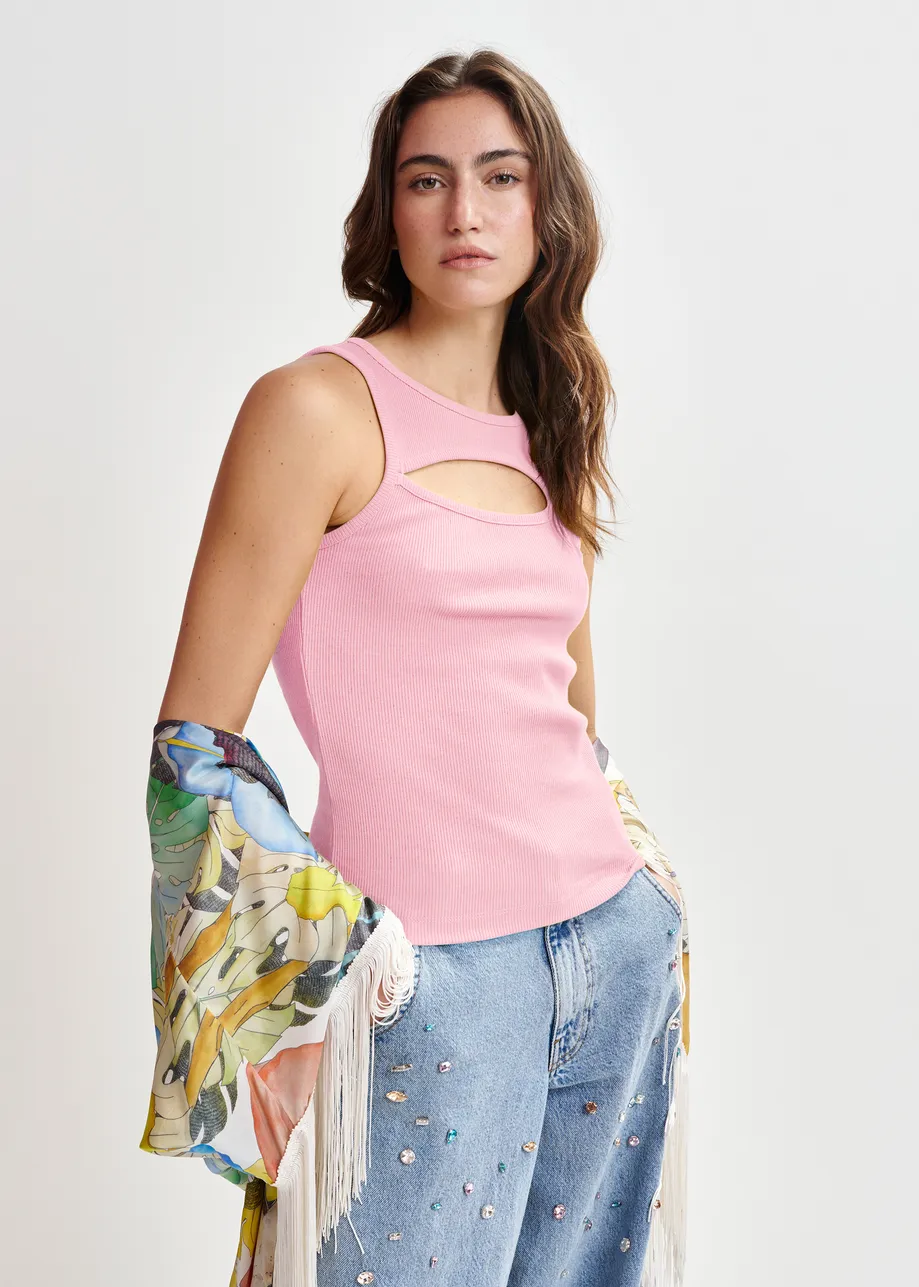 Light pink cotton-blend ribbed cut-out tank top