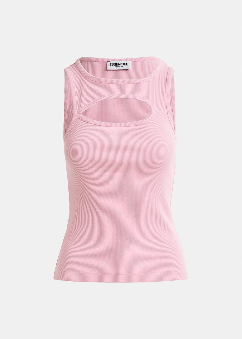 Light pink cotton-blend ribbed cut-out tank top