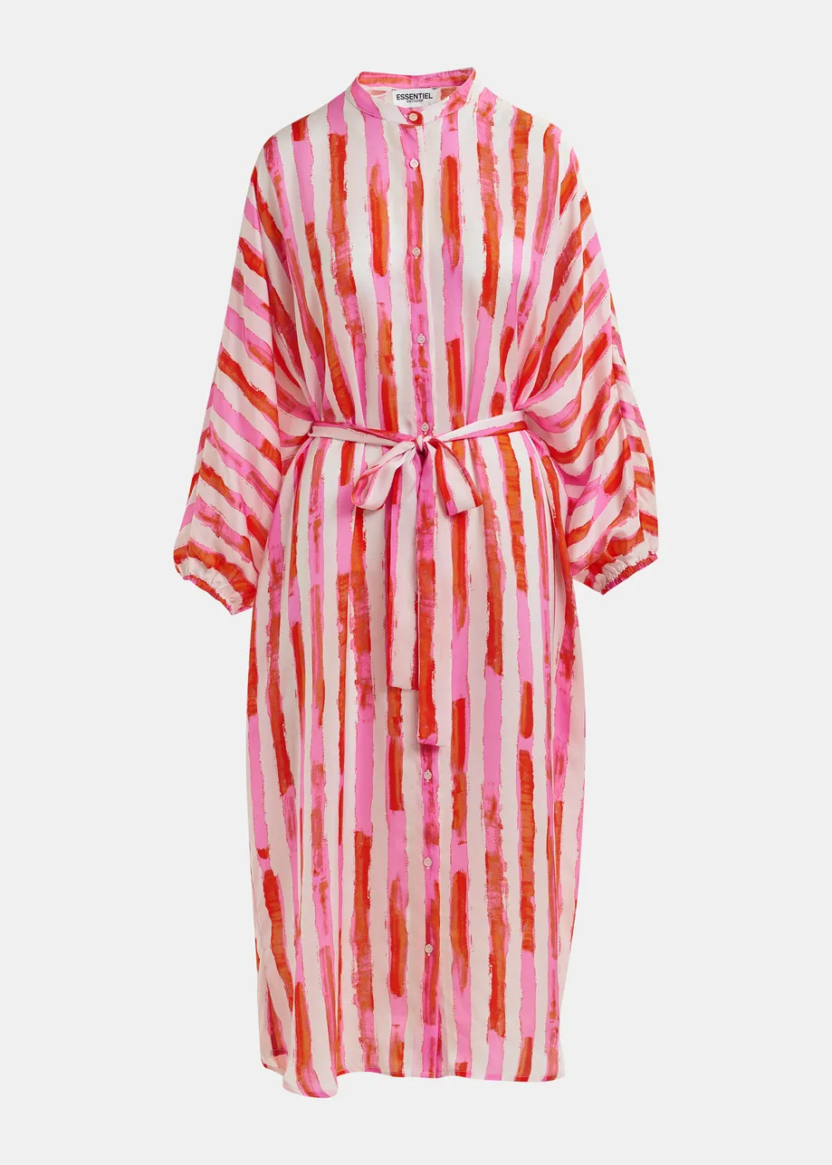 Robe mi-longue à col mandarin et rayures rose et rouge