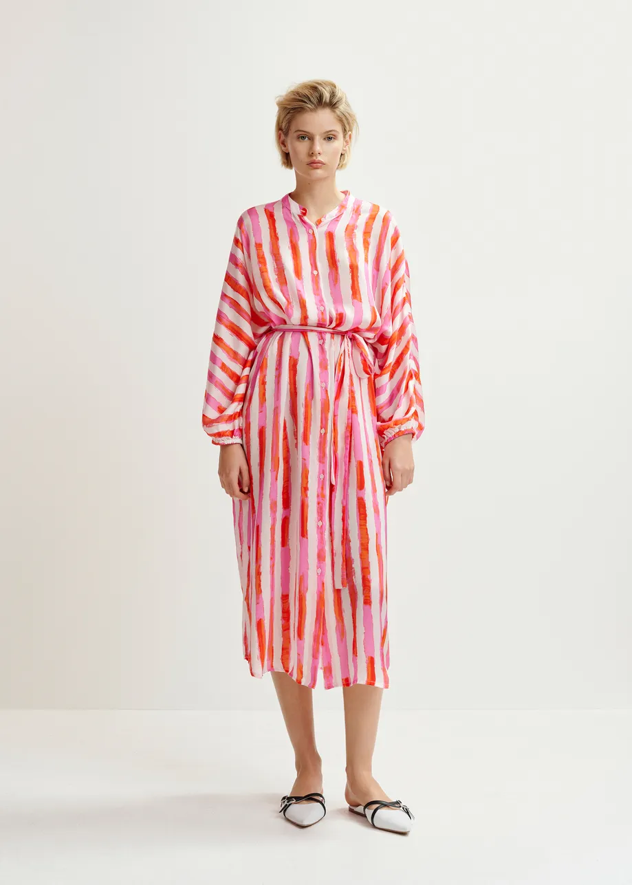 Pink and red striped midi dress with mandarin collar