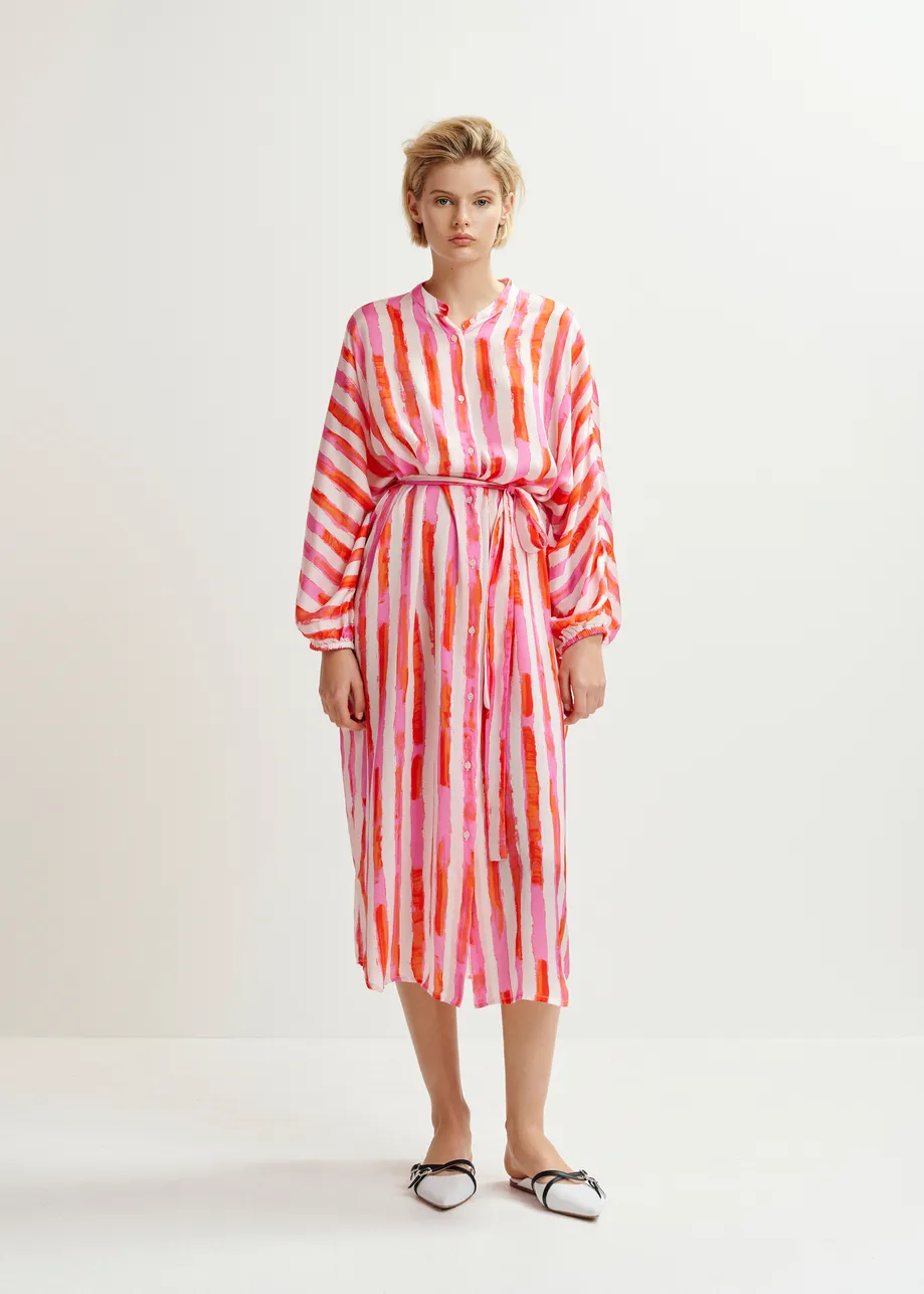 Pink and red striped midi dress with mandarin collar