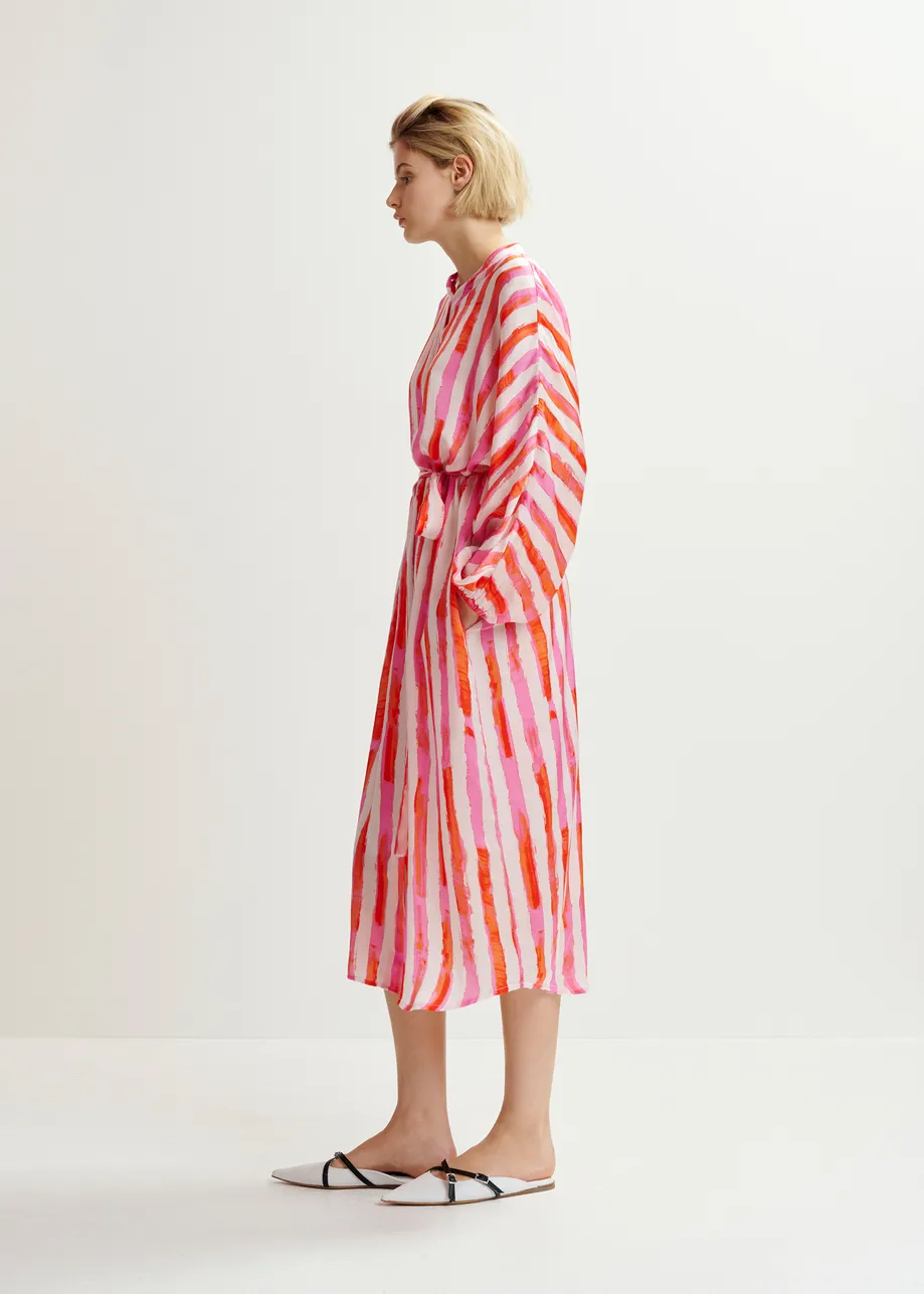 Pink and red striped midi dress with mandarin collar