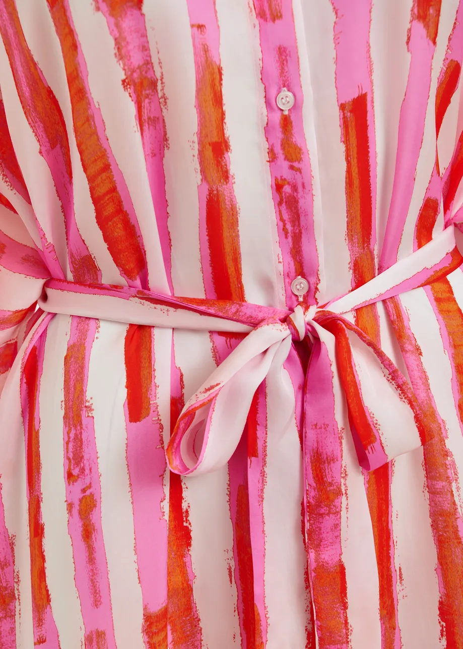 Pink and red striped midi dress with mandarin collar