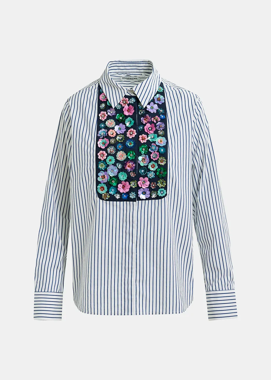 Camicia in cotone bianco, blu e multicolore con cannoncino in paillettes e perline